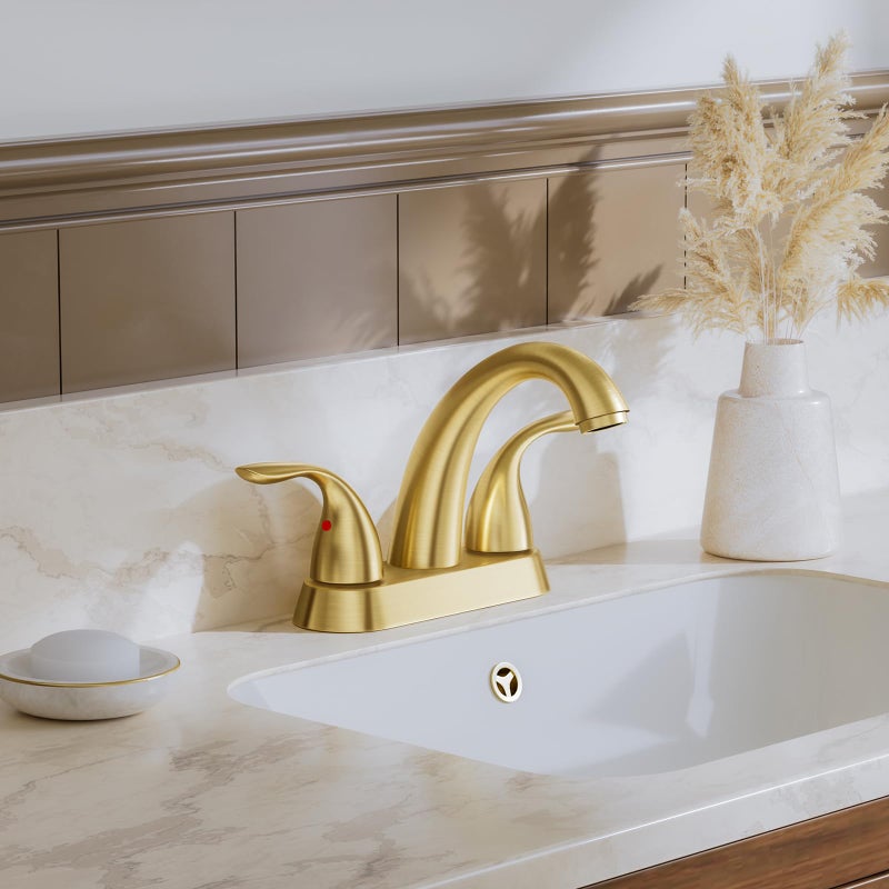 Phiestina Brushed Gold 4 Inch Centerset 2 or 3 Holes 2 Handle Bathroom Faucet, Bathroom Faucet with Copper Pop Up Drain and Water Supply Lines, BF008-5-BG - Image 2